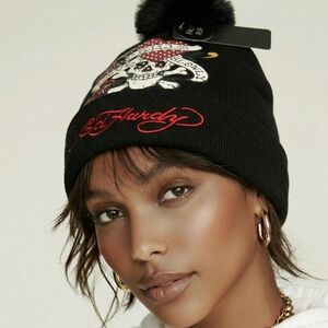 Ed Hardy Black Beanie with Red Logo and Multicolor Tattoo Graphic